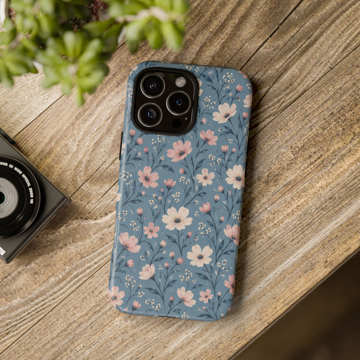 Blue Meadow iPhone Tough Case | Pink & Ivory Floral on Blue