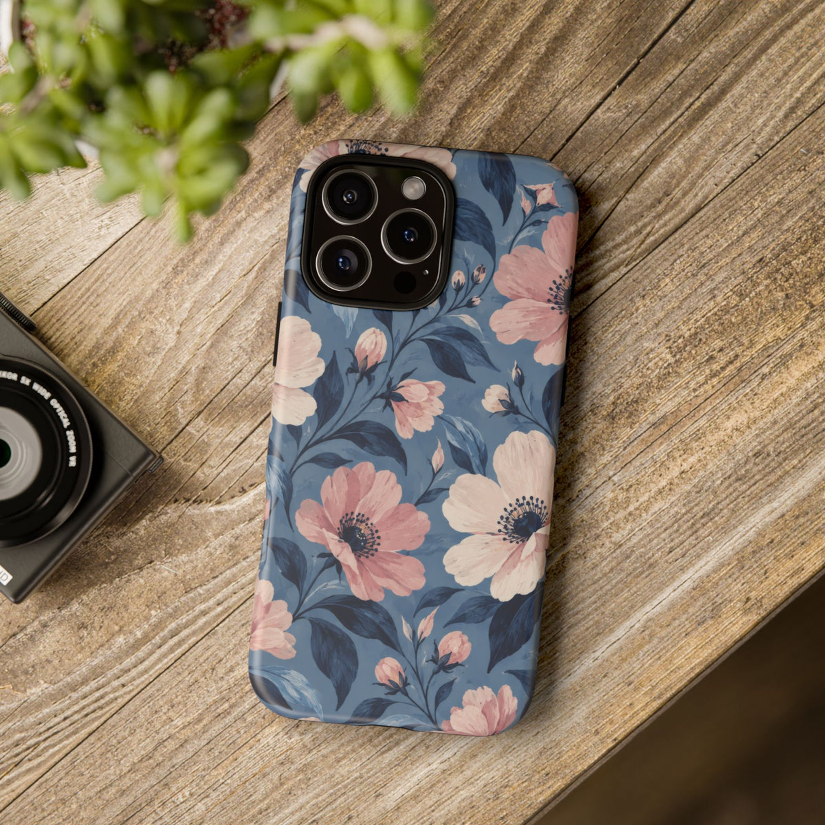 Dusk Blossom iPhone Tough Case | Pink & Ivory Floral on Blue