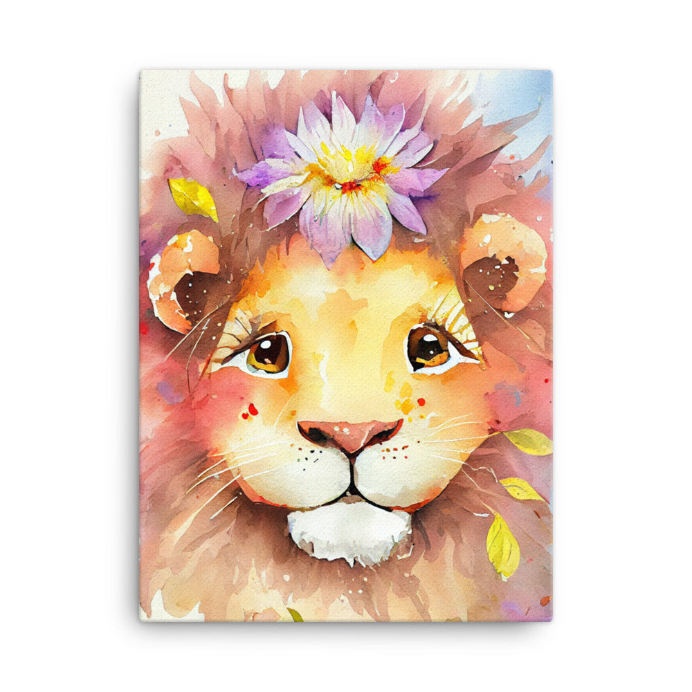 Canvas Wall Art - Baby Lion Flower Watercolor