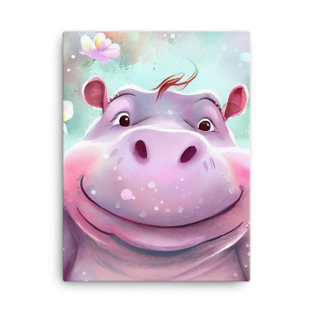 Canvas Wall Art - Kids Room Happy Hippo Watercolor