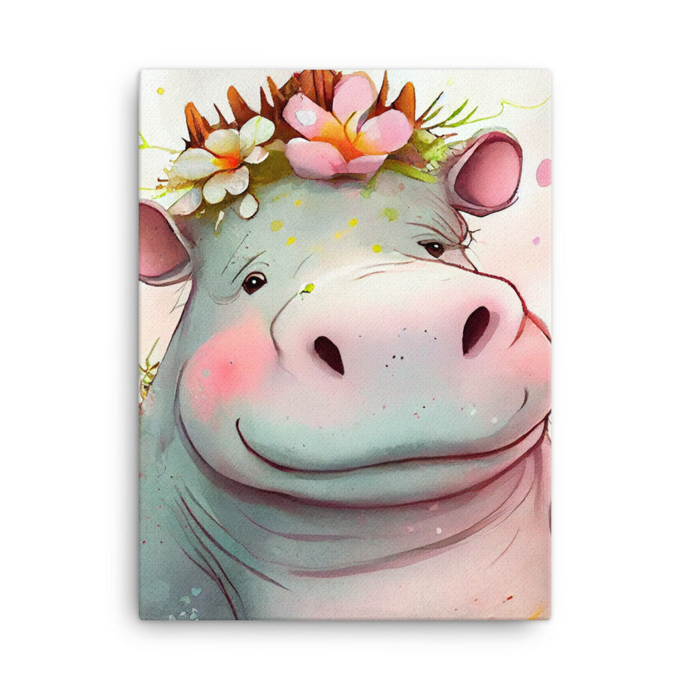 Canvas Wall Art - Kids Room Floral Hippo Watercolor