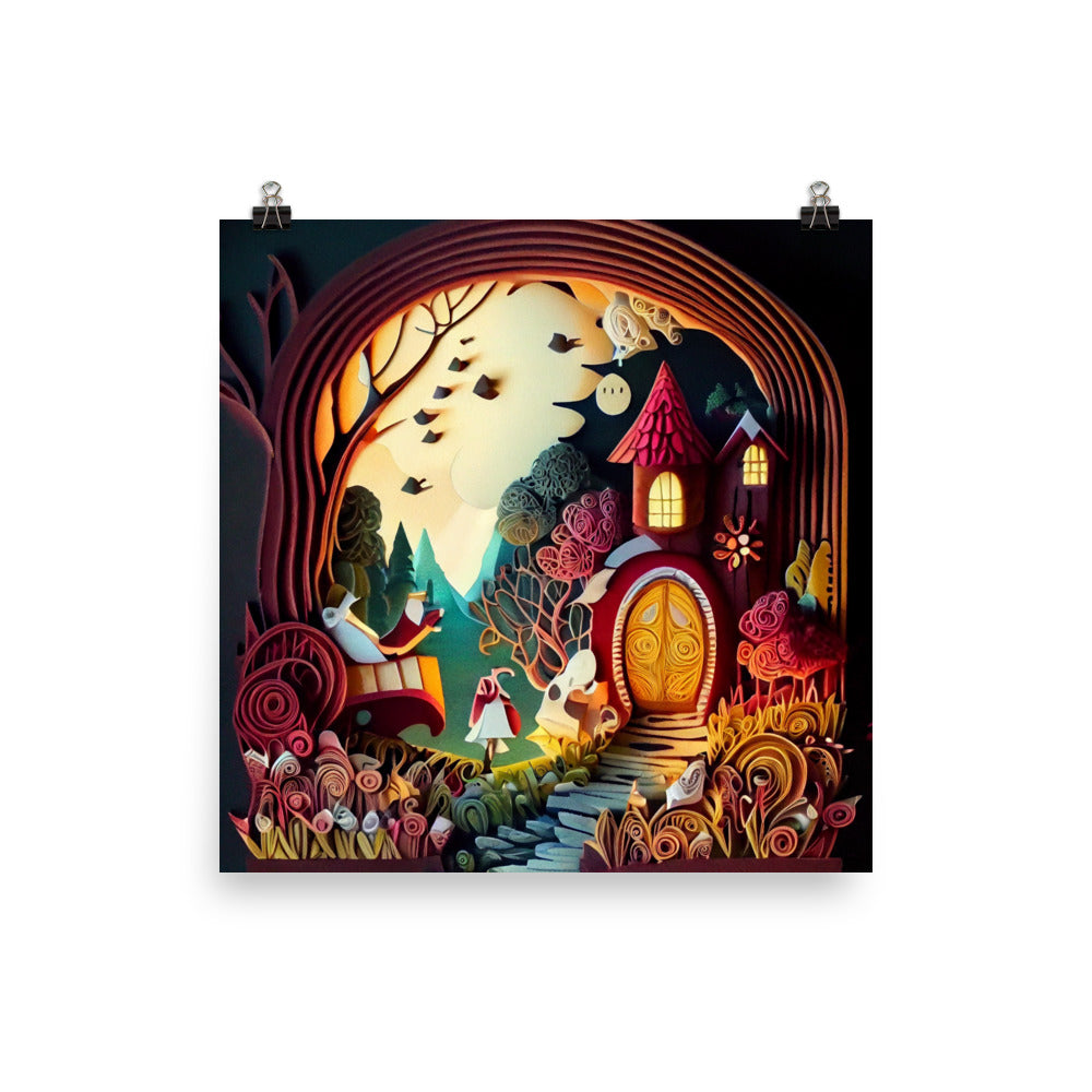 Enhanced Matte Paper Poster - Fairy Tale Cottage in Paper Art Style