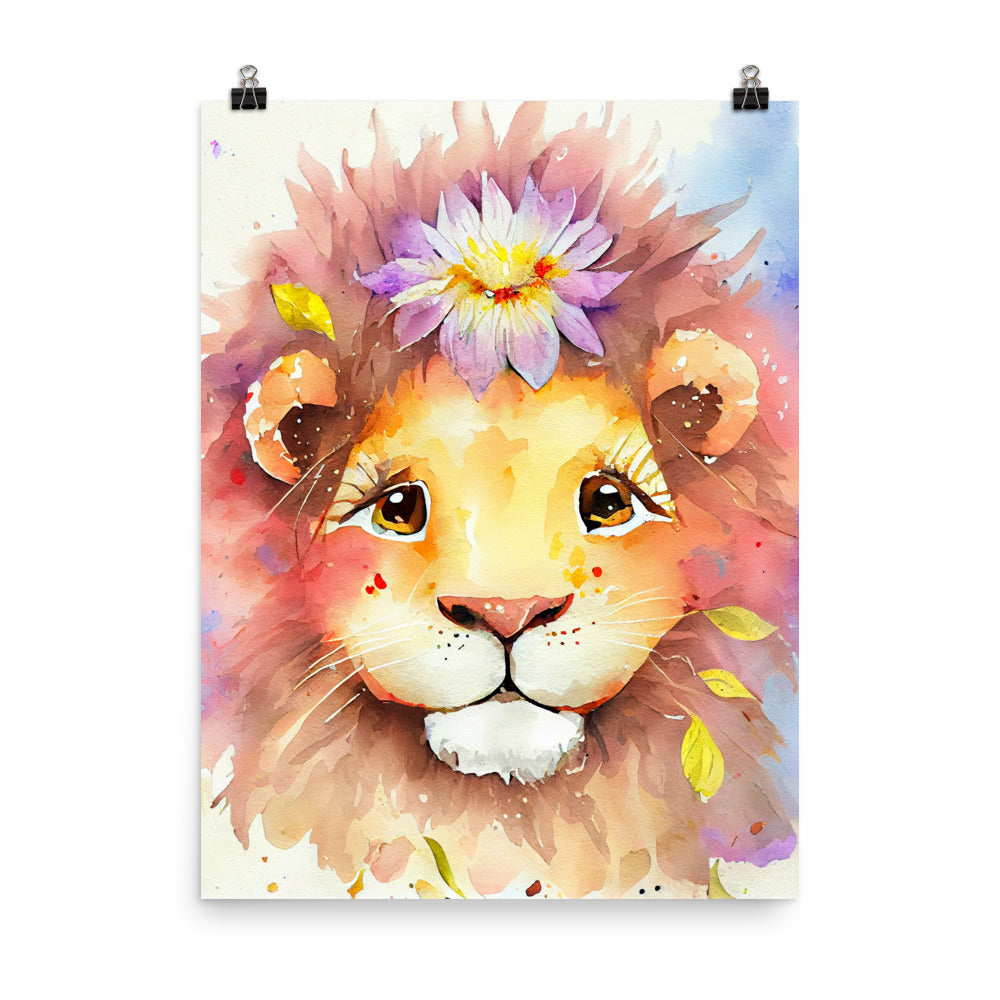 Enhanced Matte Poster - Kids Room Baby Lion & Flower Watercolor