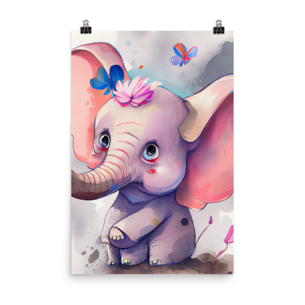 Enhanced Matte Poster - Kids Room Elephant and Butterflies Watercolor