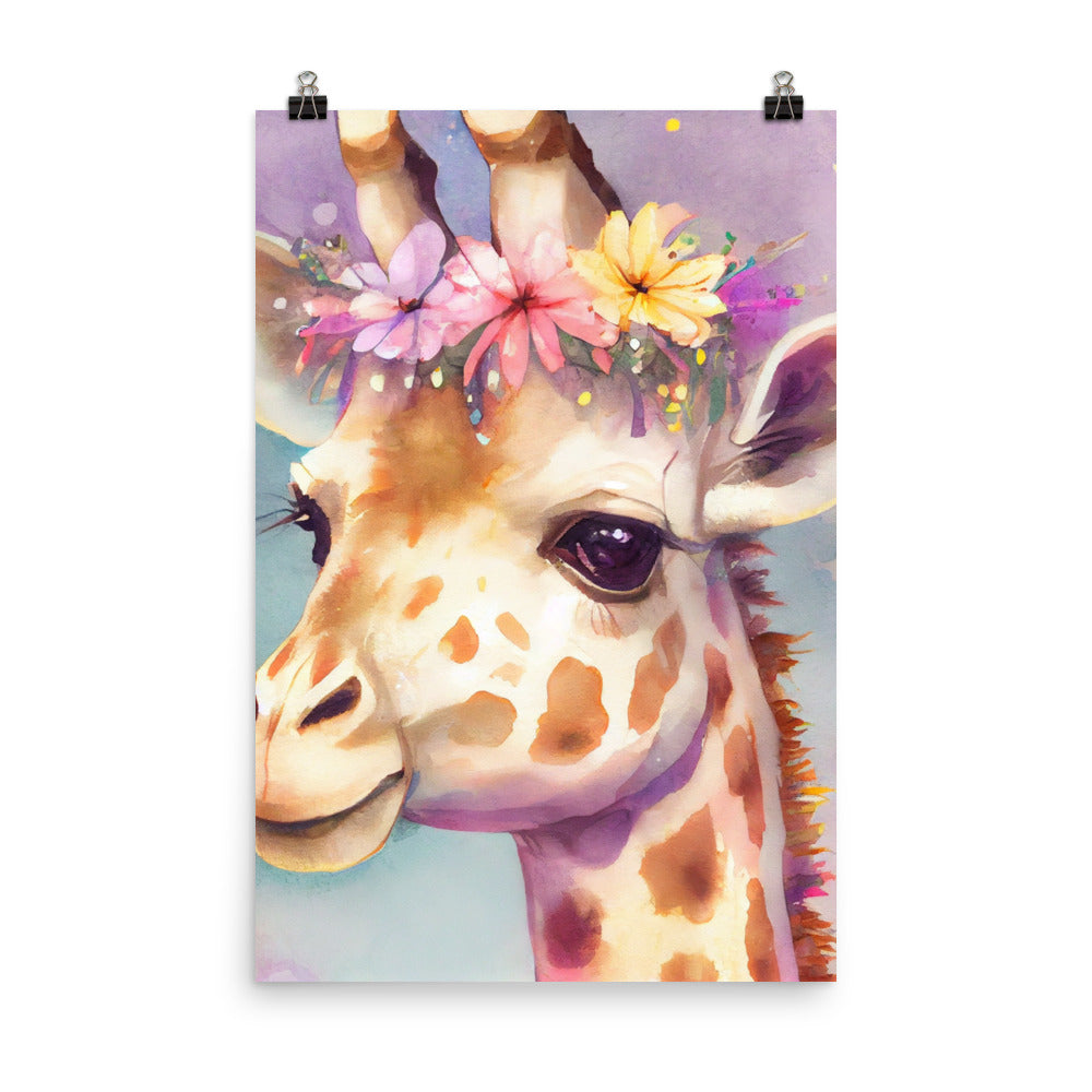 Enhanced Matte Poster - Kids Room Floral Giraffe Watercolor