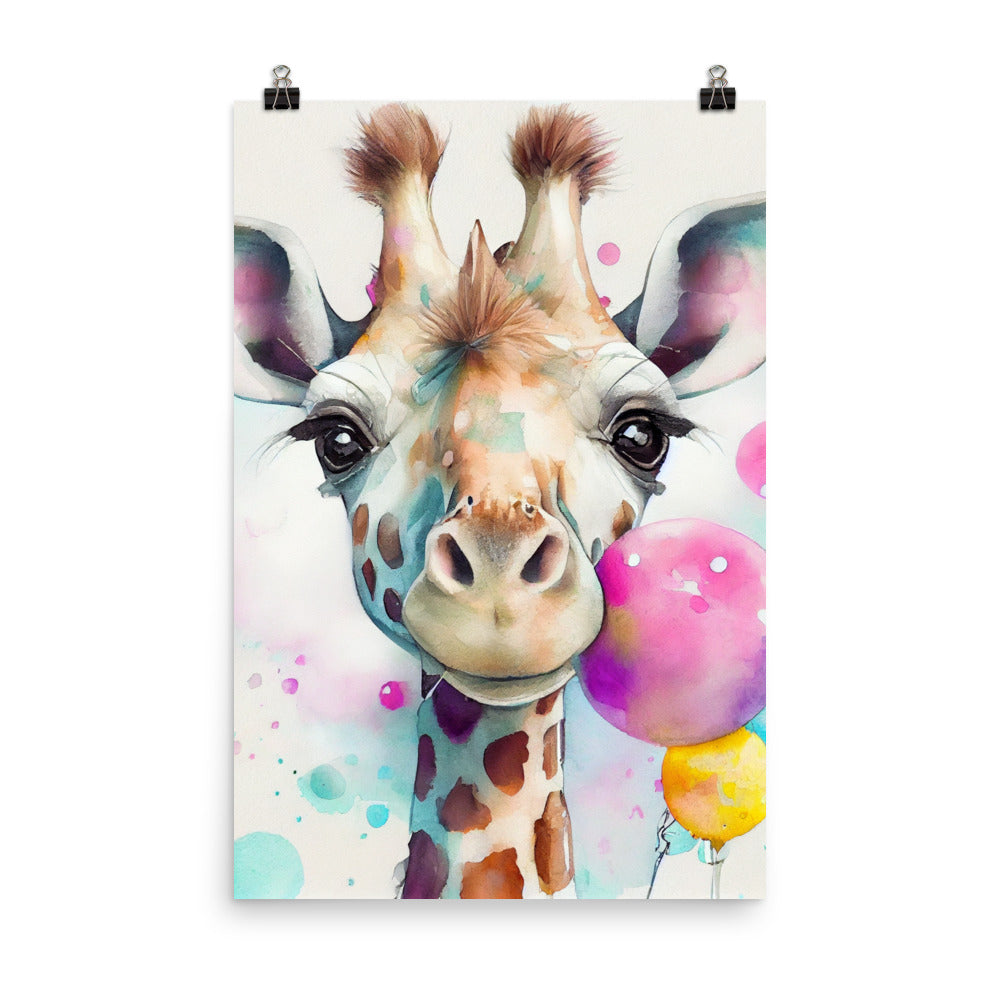 Enhanced Matte Poster - Kids Room Giraffe and Balloons Watercolor