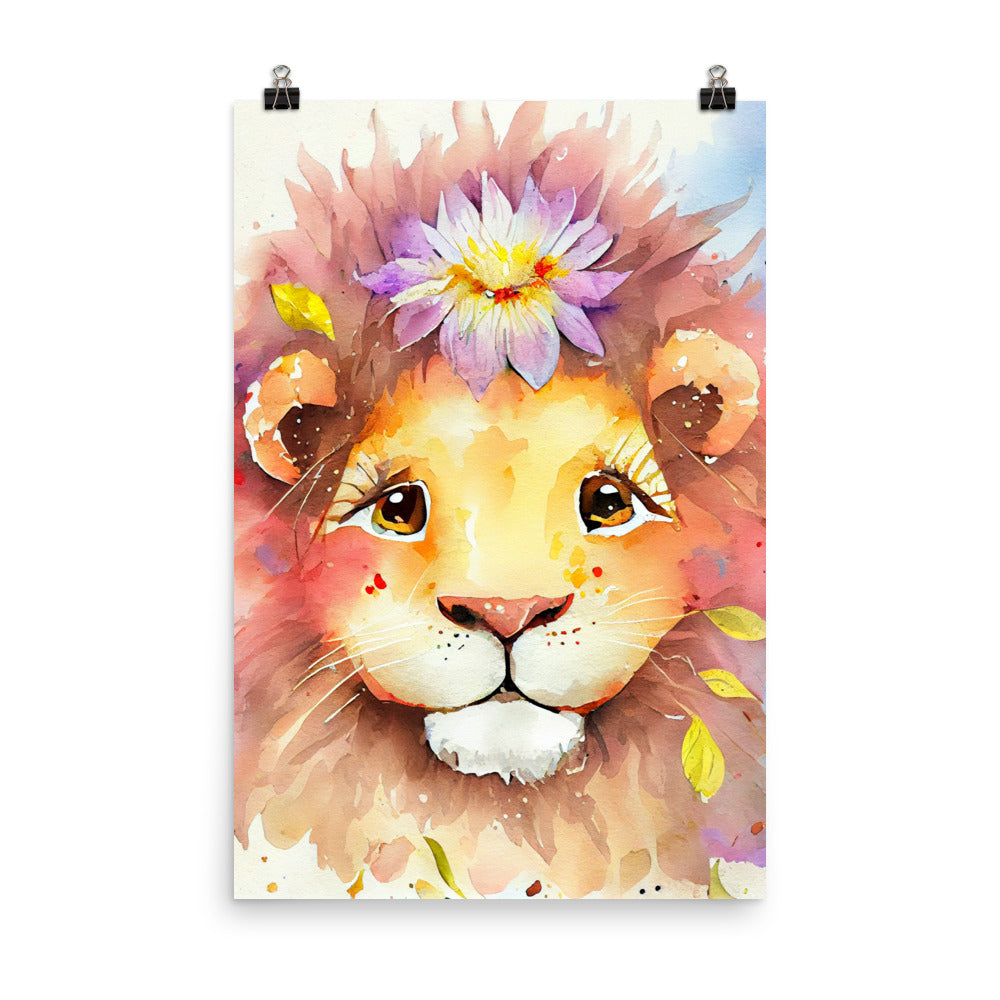 Enhanced Matte Poster - Kids Room Baby Lion & Flower Watercolor
