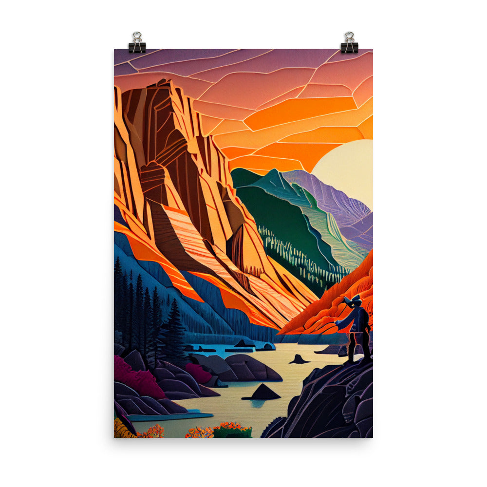 Enhanced Matte Paper Poster - Mountain Sunset in Paper Art