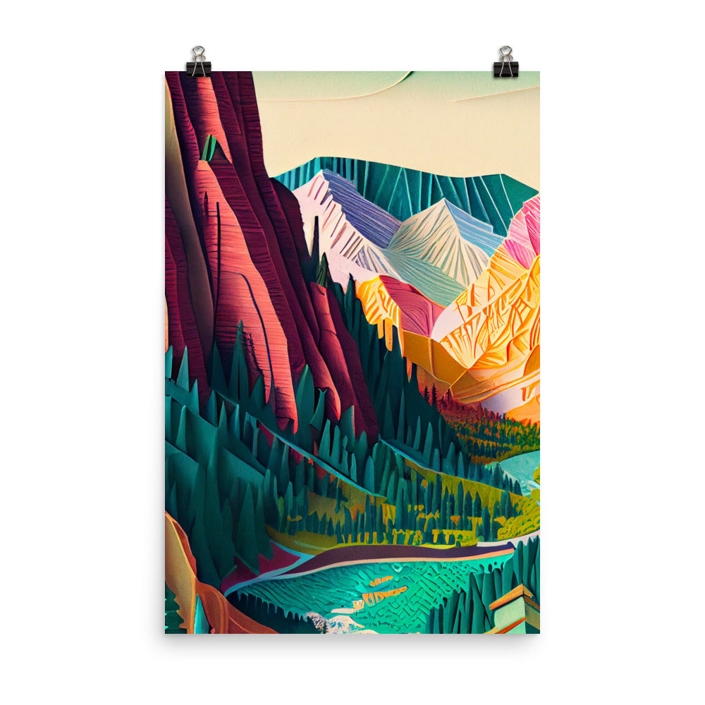 Enhanced Matte Paper Poster - River Valley Scene in Paper Art