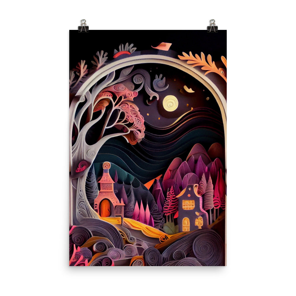 Enhanced Matte Paper Poster - Fairy Tale Village in Paper Quilling Style