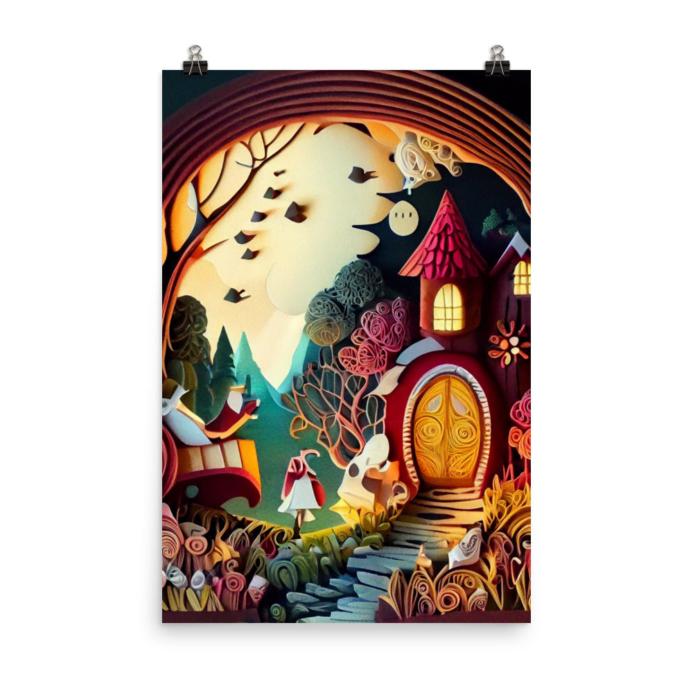 Enhanced Matte Paper Poster - Fairy Tale Cottage in Paper Art Style