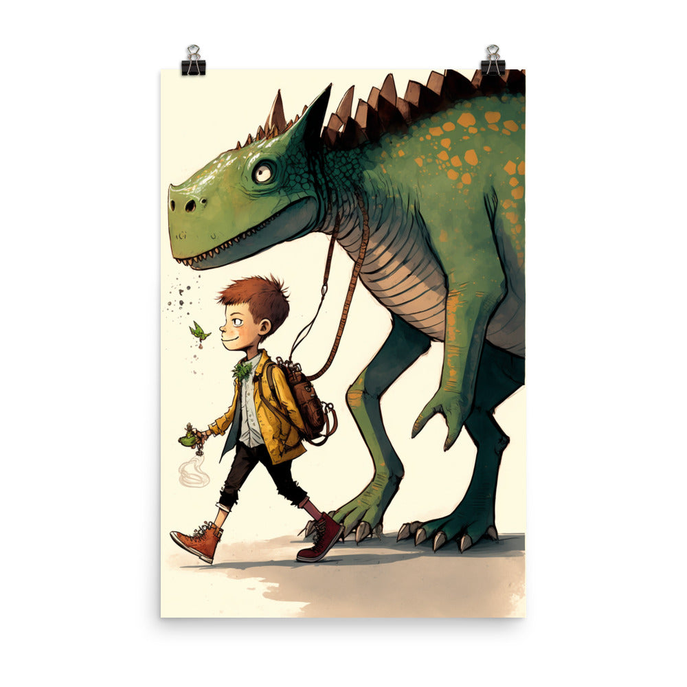 Enhanced Matte Paper Poster - Boy Walking His Dinosaur