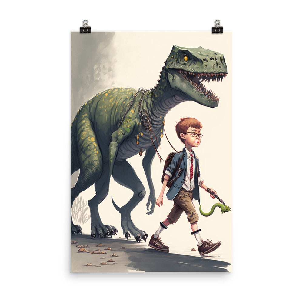 Enhanced Matte Paper Poster - Boy Walking His Dinosaur