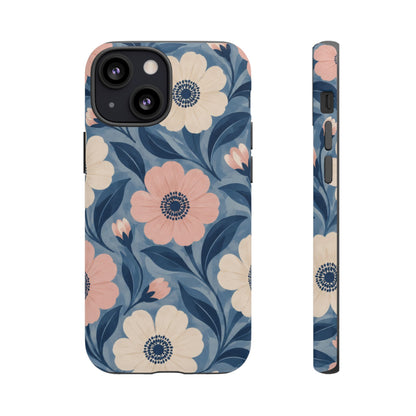 Petal Mosaic iPhone Tough Case | Pink & Ivory Floral on Blue