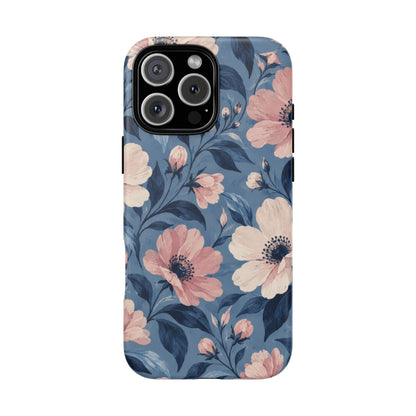 Dusk Blossom iPhone Tough Case | Pink & Ivory Floral on Blue