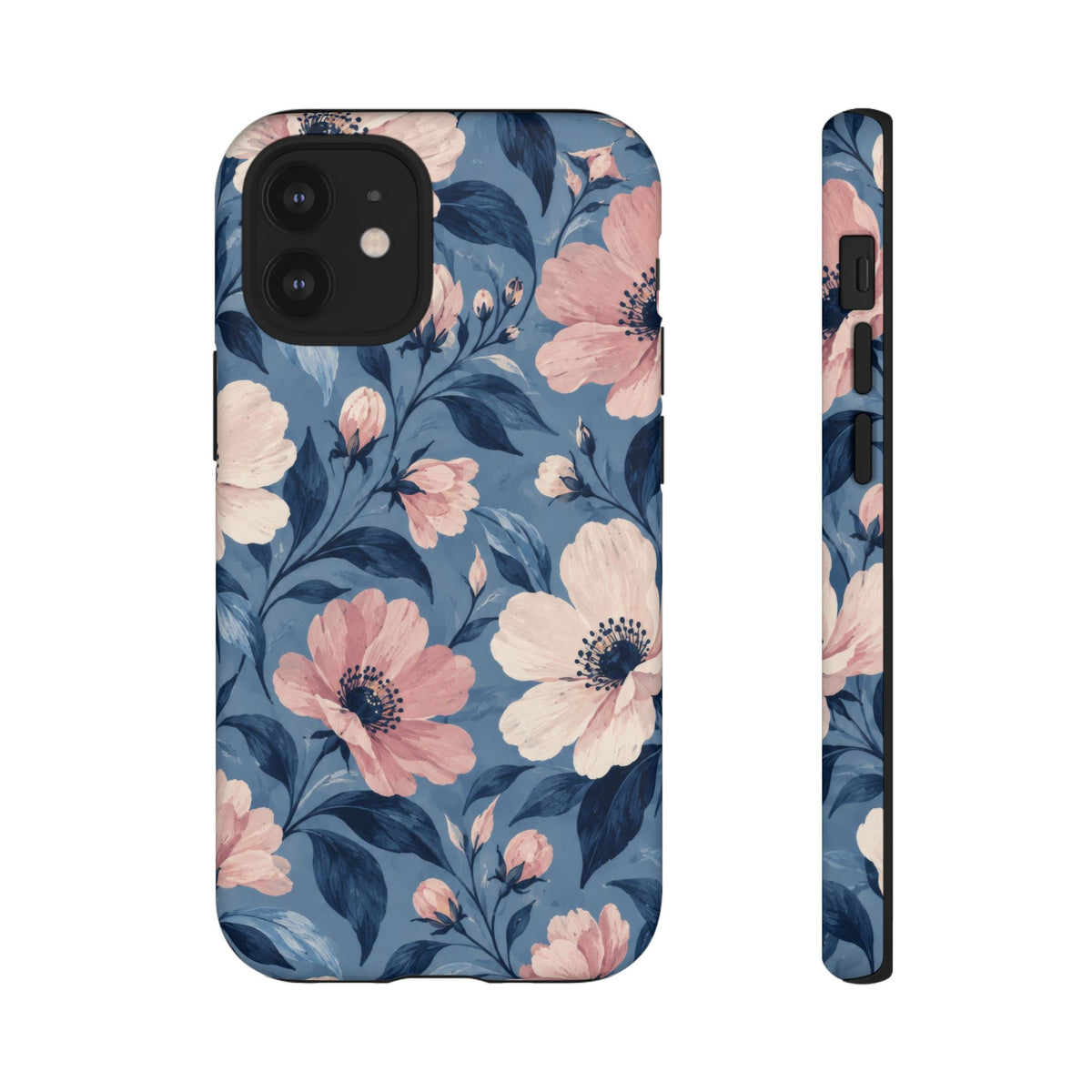 Dusk Blossom iPhone Tough Case | Pink & Ivory Floral on Blue