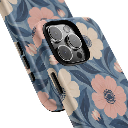 Petal Mosaic iPhone Tough Case | Pink & Ivory Floral on Blue