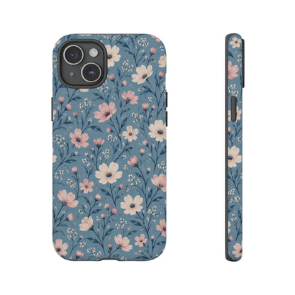Blue Meadow iPhone Tough Case | Pink & Ivory Floral on Blue