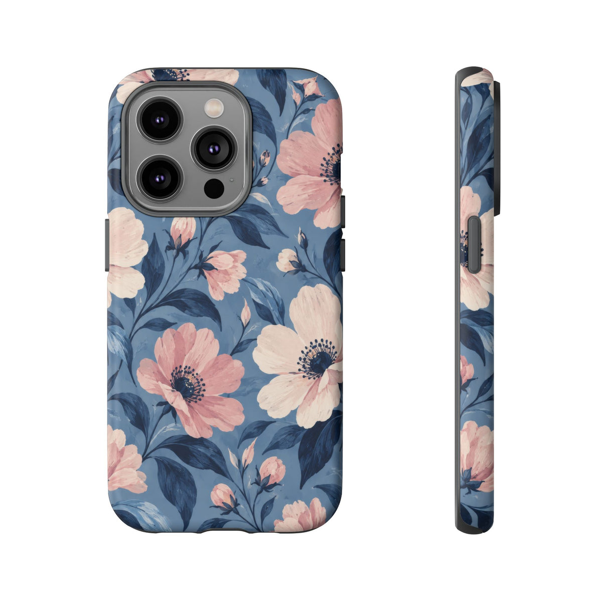 Dusk Blossom iPhone Tough Case | Pink & Ivory Floral on Blue