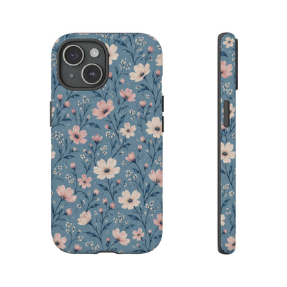 Blue Meadow iPhone Tough Case | Pink & Ivory Floral on Blue
