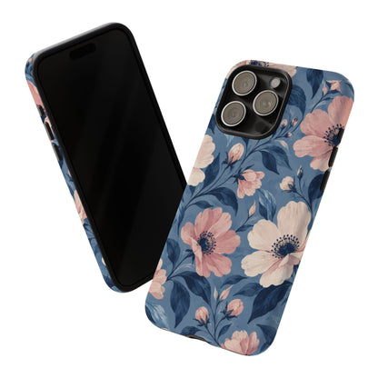 Dusk Blossom iPhone Tough Case | Pink & Ivory Floral on Blue