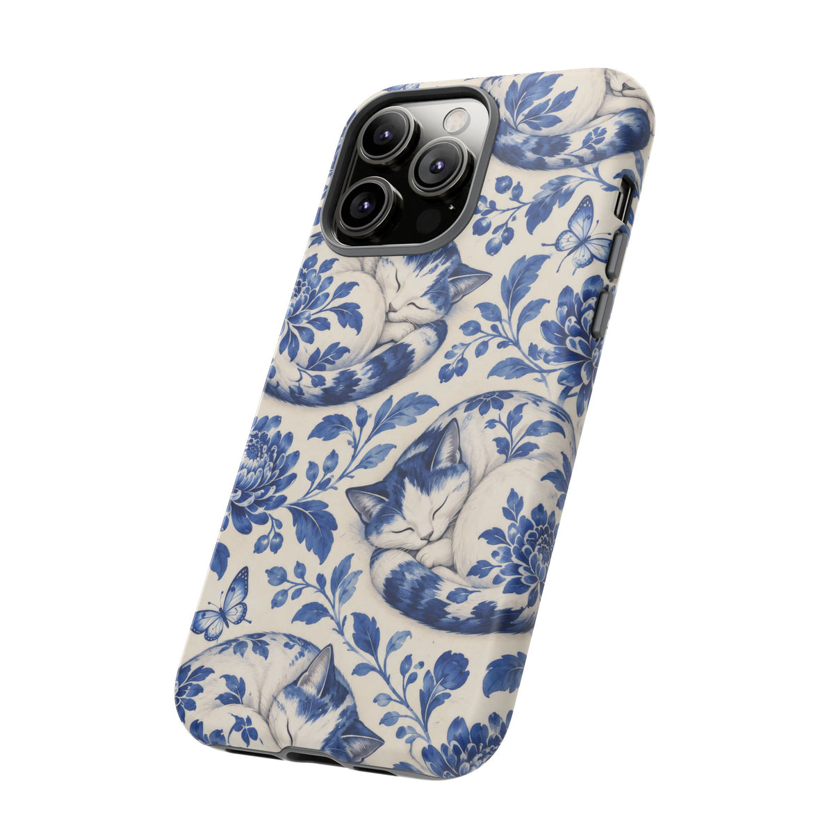 Porcelain Paws iPhone Tough Case | blue cat pattern