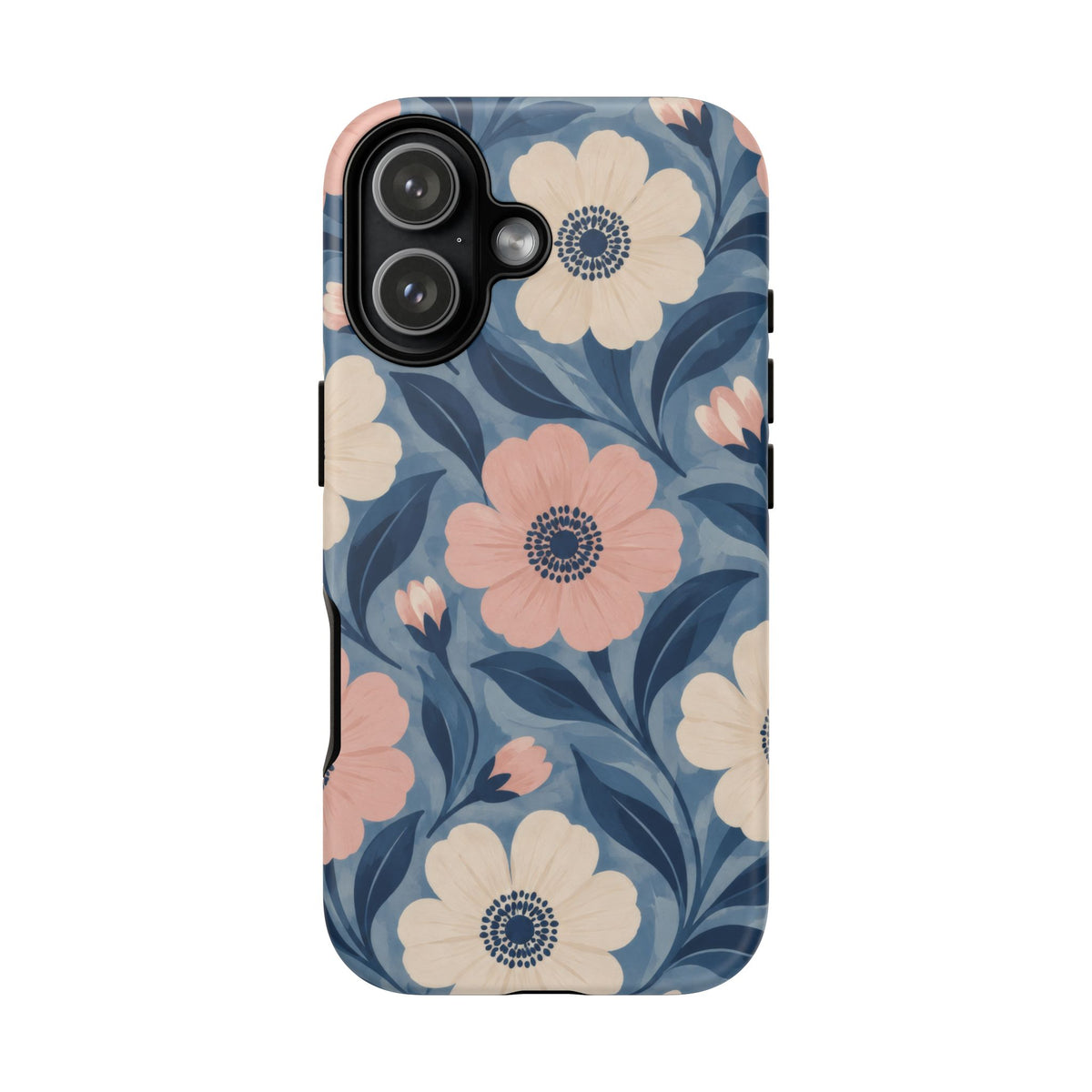Petal Mosaic iPhone Tough Case | Pink & Ivory Floral on Blue