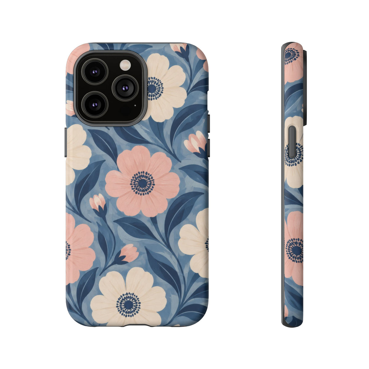 Petal Mosaic iPhone Tough Case | Pink & Ivory Floral on Blue