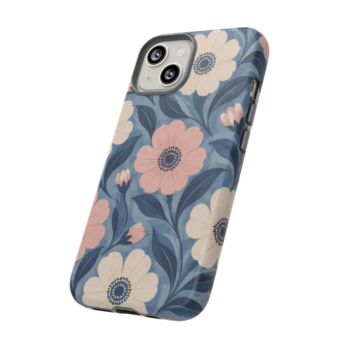 Petal Mosaic iPhone Tough Case | Pink & Ivory Floral on Blue