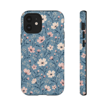 Blue Meadow iPhone Tough Case | Pink & Ivory Floral on Blue