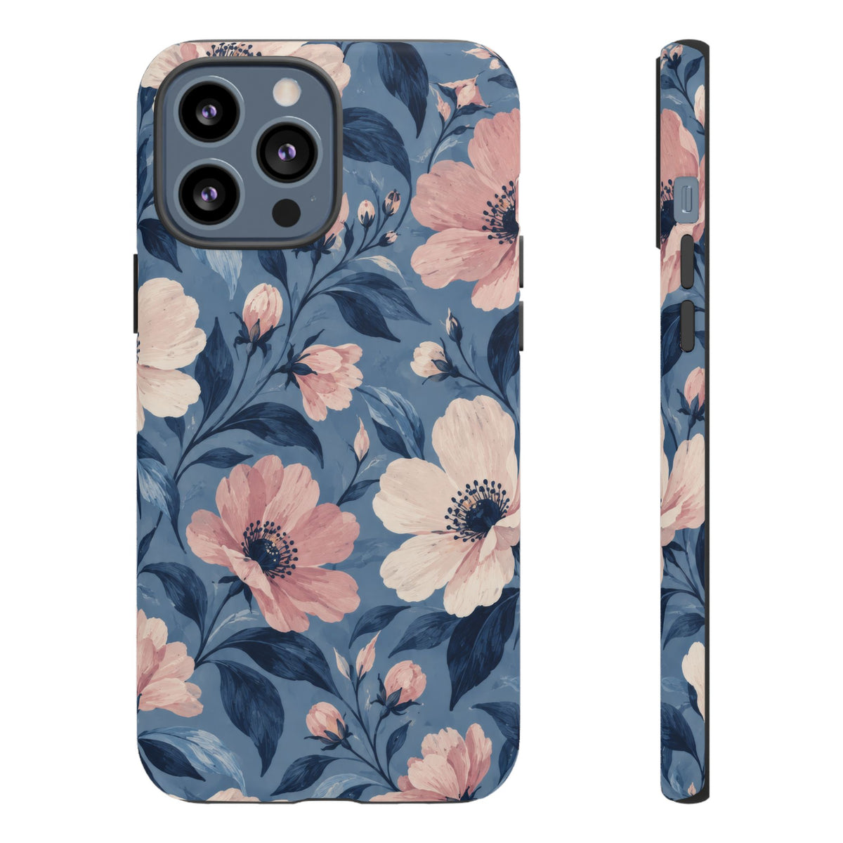 Dusk Blossom iPhone Tough Case | Pink & Ivory Floral on Blue