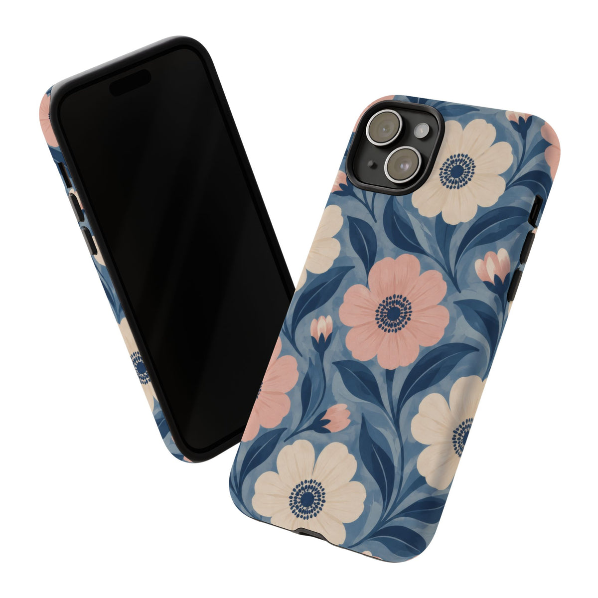 Petal Mosaic iPhone Tough Case | Pink & Ivory Floral on Blue