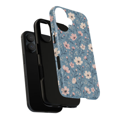 Blue Meadow iPhone Tough Case | Pink & Ivory Floral on Blue