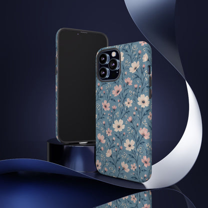 Blue Meadow iPhone Tough Case | Pink & Ivory Floral on Blue