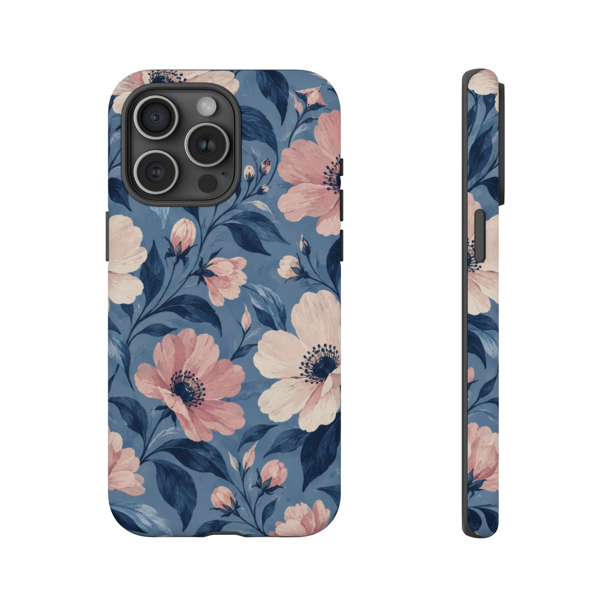 Dusk Blossom iPhone Tough Case | Pink & Ivory Floral on Blue