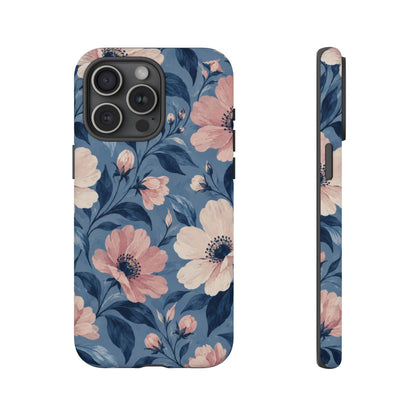 Dusk Blossom iPhone Tough Case | Pink & Ivory Floral on Blue