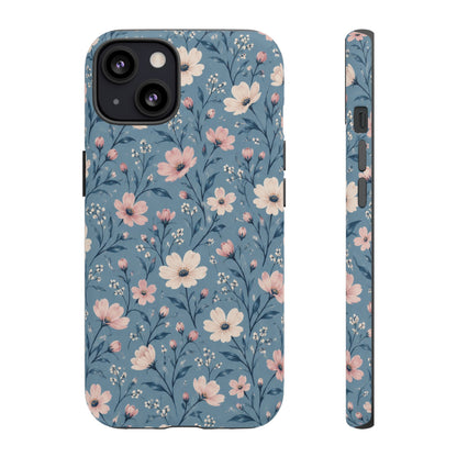 Blue Meadow iPhone Tough Case | Pink & Ivory Floral on Blue