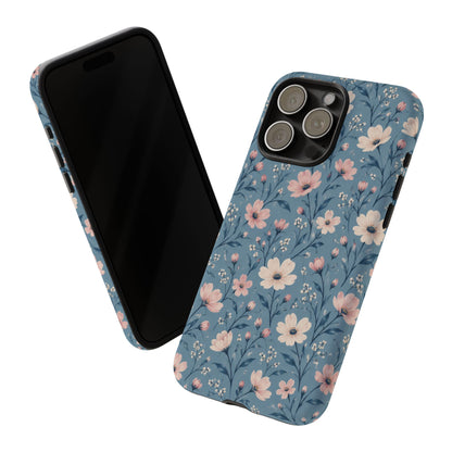 Blue Meadow iPhone Tough Case | Pink & Ivory Floral on Blue