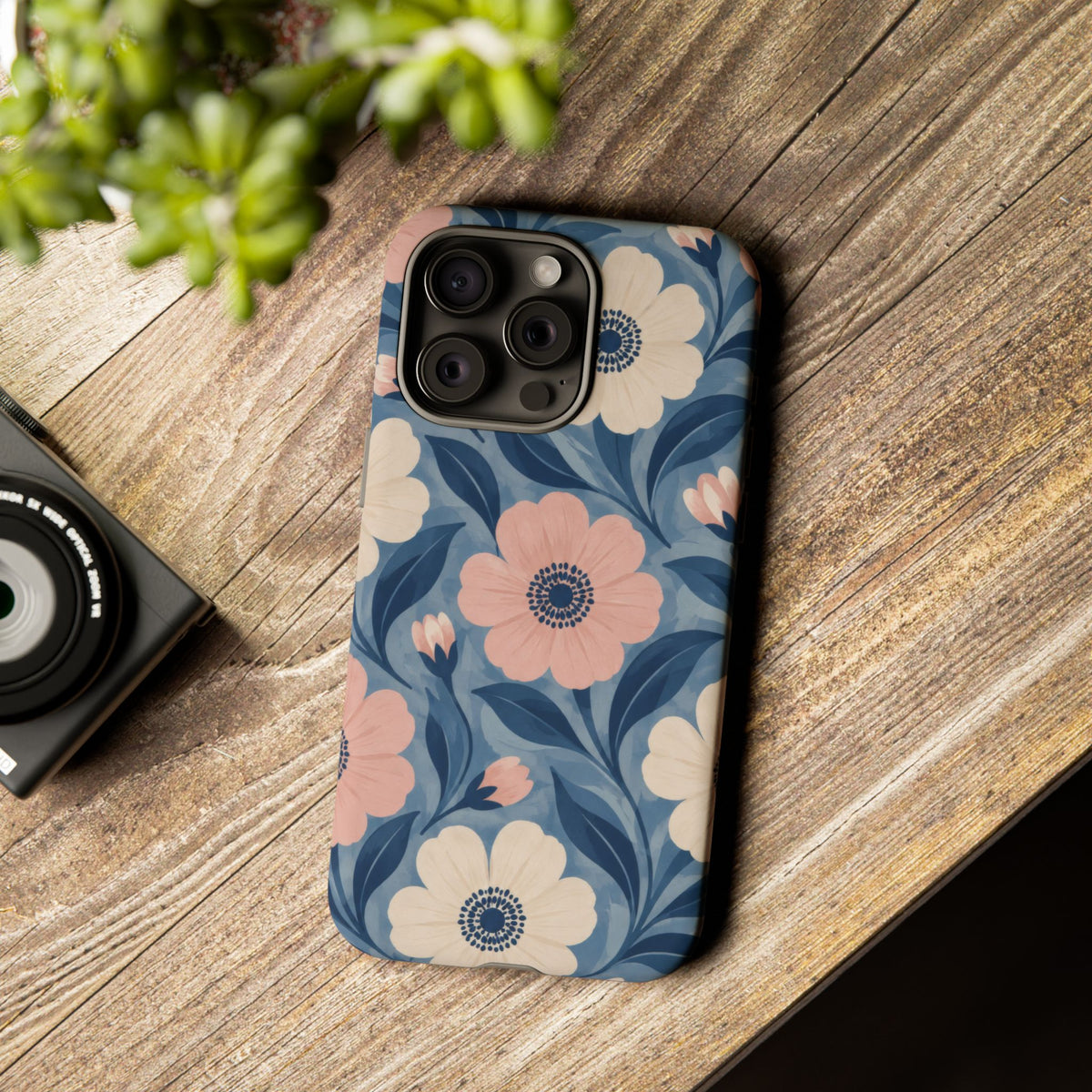 Petal Mosaic iPhone Tough Case | Pink & Ivory Floral on Blue
