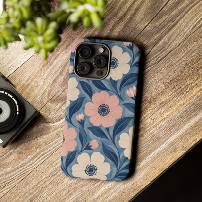Petal Mosaic iPhone Tough Case | Pink & Ivory Floral on Blue