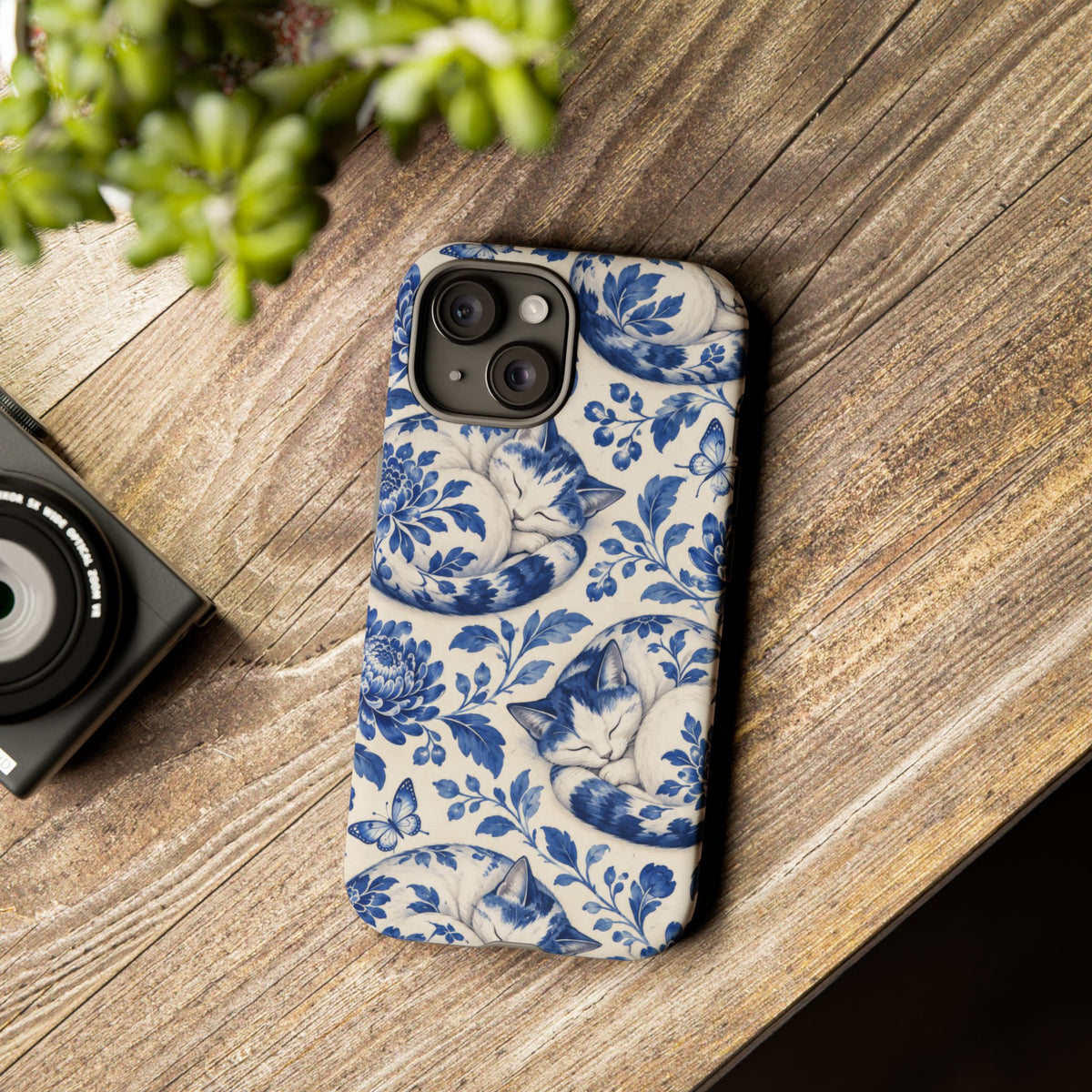 Porcelain Paws iPhone Tough Case | blue cat pattern