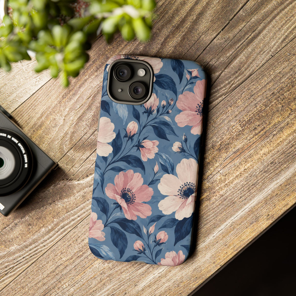 Dusk Blossom iPhone Tough Case | Pink & Ivory Floral on Blue