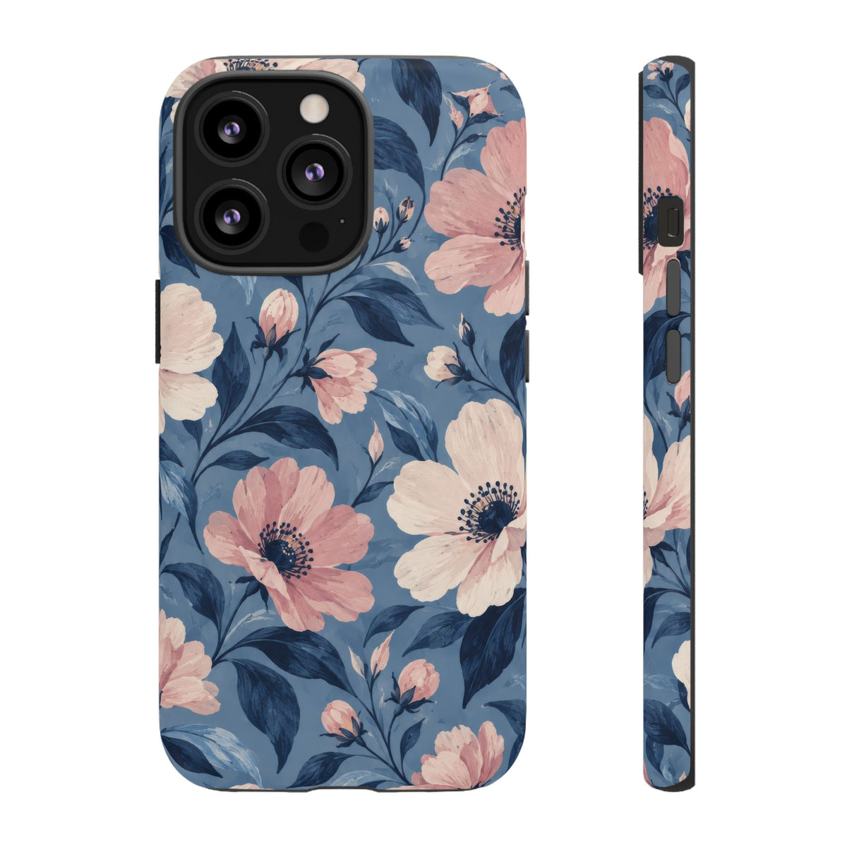 Dusk Blossom iPhone Tough Case | Pink & Ivory Floral on Blue