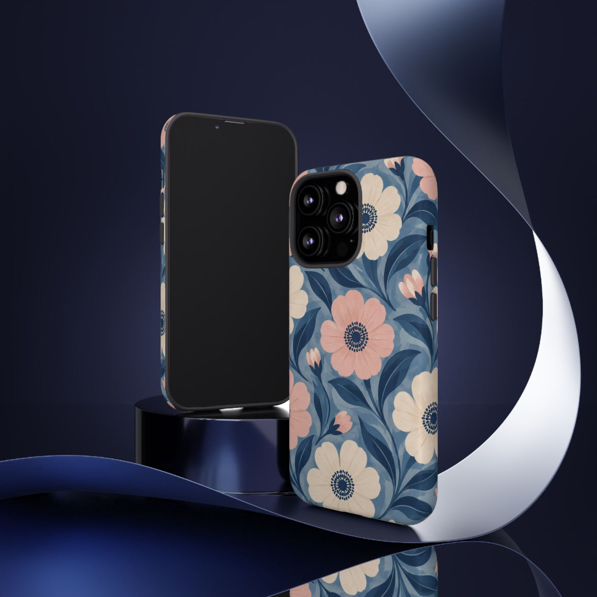 Petal Mosaic iPhone Tough Case | Pink & Ivory Floral on Blue