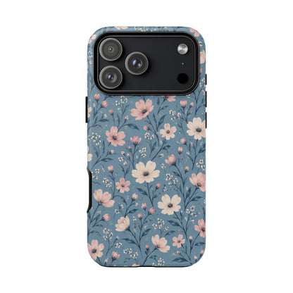Blue Meadow iPhone Tough Case | Pink & Ivory Floral on Blue
