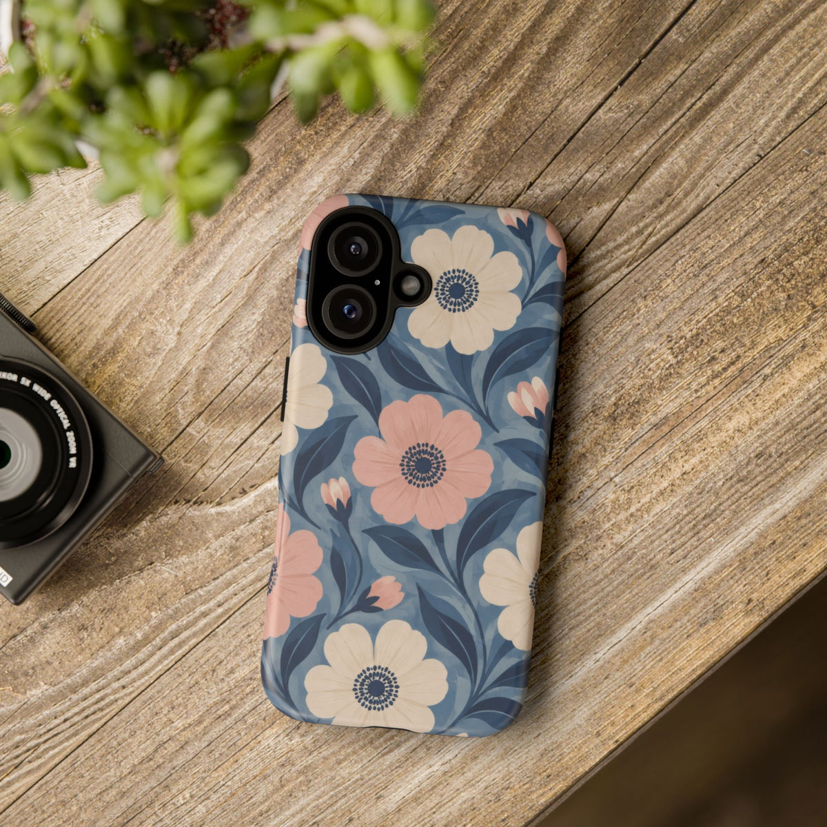 Petal Mosaic iPhone Tough Case | Pink & Ivory Floral on Blue