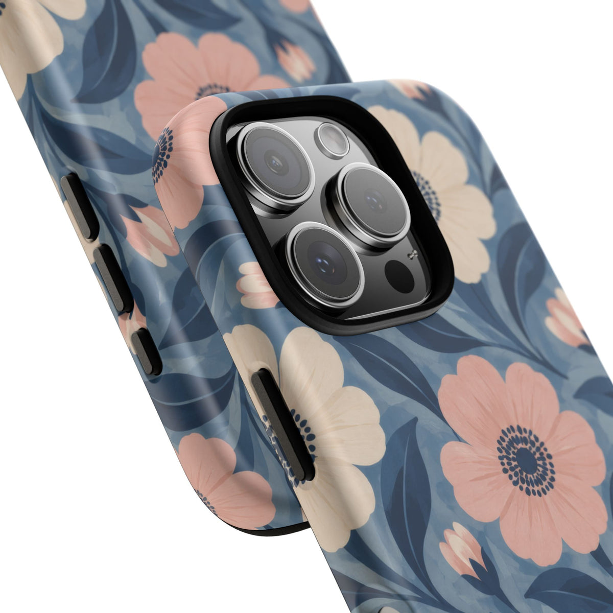 Petal Mosaic iPhone Tough Case | Pink & Ivory Floral on Blue