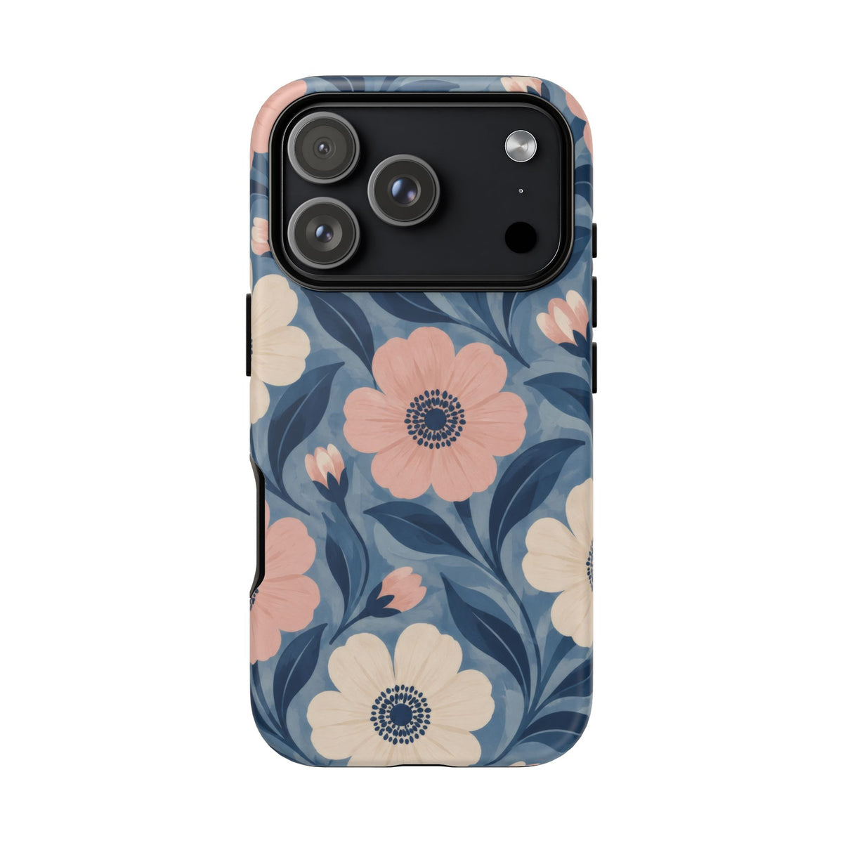 Petal Mosaic iPhone Tough Case | Pink & Ivory Floral on Blue