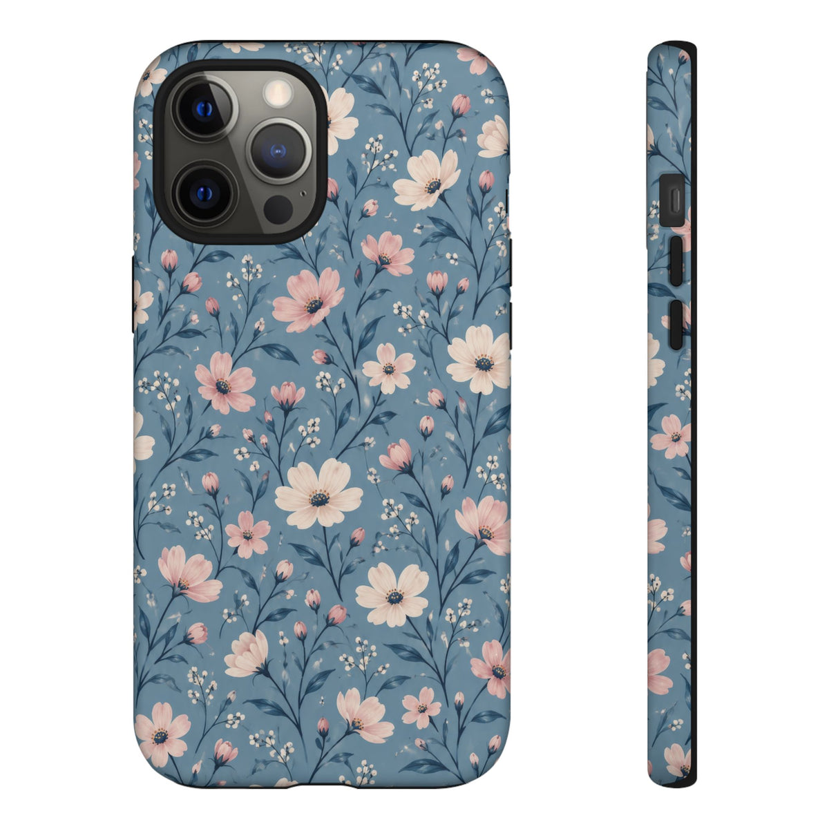 Blue Meadow iPhone Tough Case | Pink & Ivory Floral on Blue