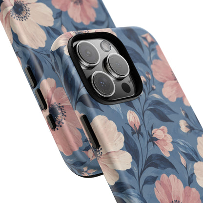 Dusk Blossom iPhone Tough Case | Pink & Ivory Floral on Blue